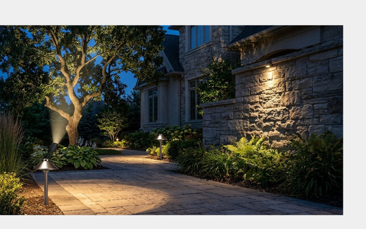 Beautifully illuminated residential landscape showing multiple landscape-lighting effects.