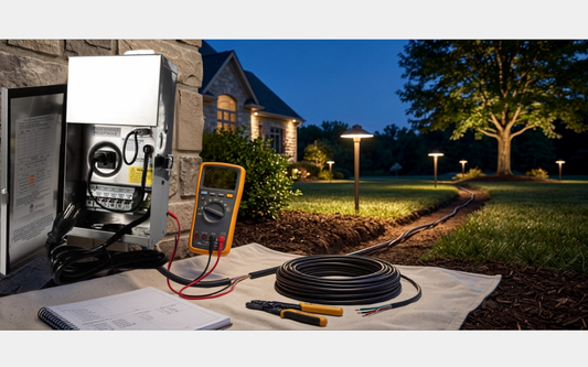 Landscape Lighting Voltage Drop Calculator showing a transformer, voltage meter and lighting wire