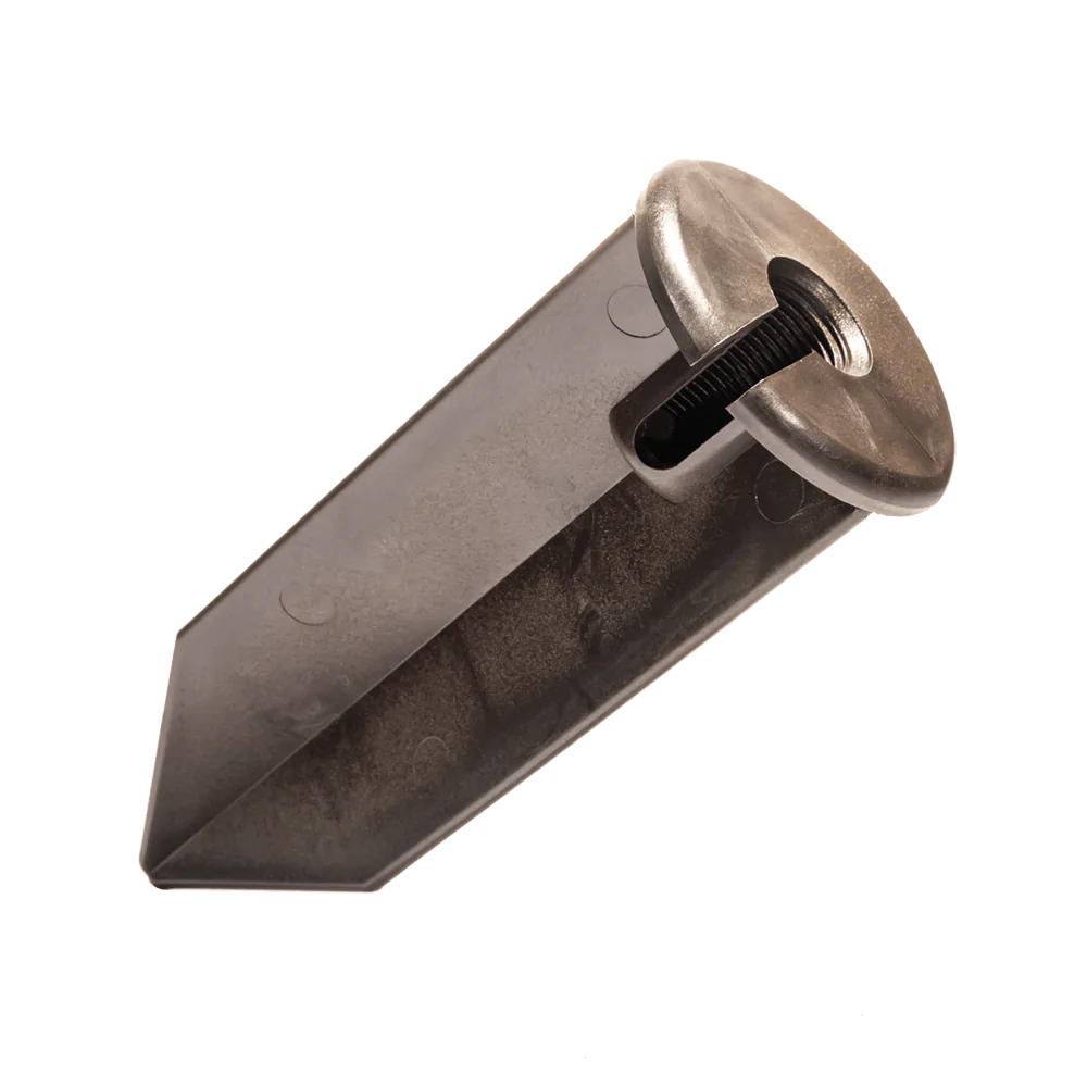 Metal wedge-shaped object with a screw on a white background