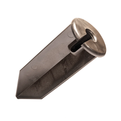 Metal wedge-shaped object with a screw on a white background