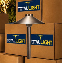 Load image into Gallery viewer, A metal outdoor landscape light with a conical shade and vertical post, shown in front of stacked brown boxes labeled TOTALLIGHT.
