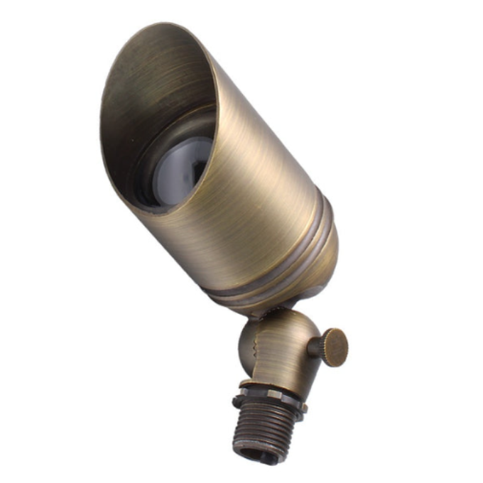 A brass-finished garden spotlight with a brushed metallic finish, adjustable head, and threaded mounting base, shown on a plain white background.