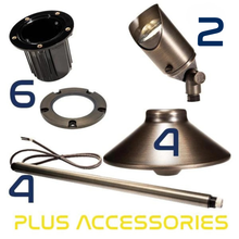 Load image into Gallery viewer, An outdoor light fixture kit shown on a white background with numbered parts and yellow text reading 'PLUS ACCESSORIES.' The kit includes a black cylindrical base, a brushed metal spotlight head, a mounting ring, a long metal pole, and wiring.
