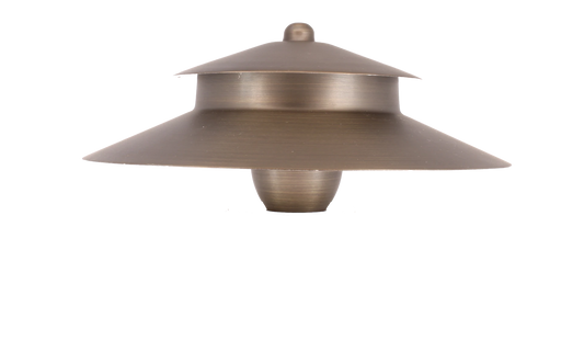 A brass two-tier path light replacement top with a glass lens.