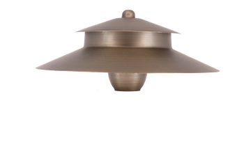 A brass two-tier path light replacement top with a glass lens.