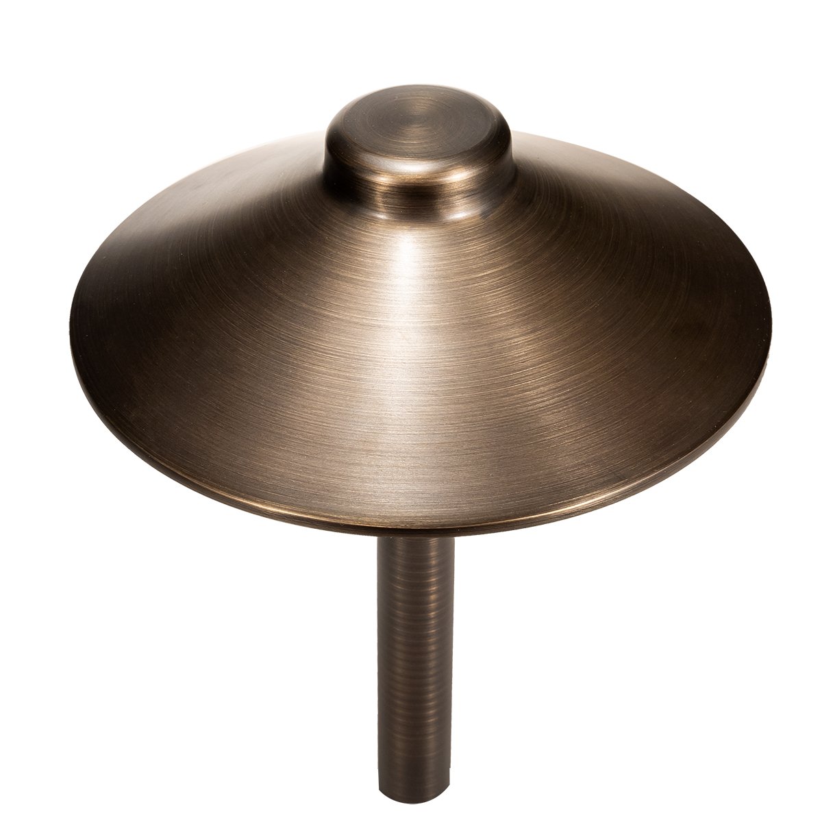 Angled top view of Boca brass path light shade and stem