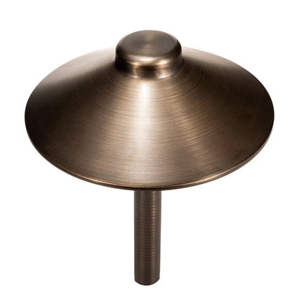 Angled top view of Boca brass path light shade and stem